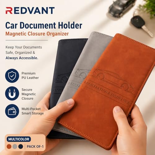 Image of Car Document Holder with Magnetic Closure, PU Leather Vehicle Registration & Insurance Organizer, RC Book, Driving Licence & Card Storage Folder for Car Bike Truck (Multicolor, Pack of 1)