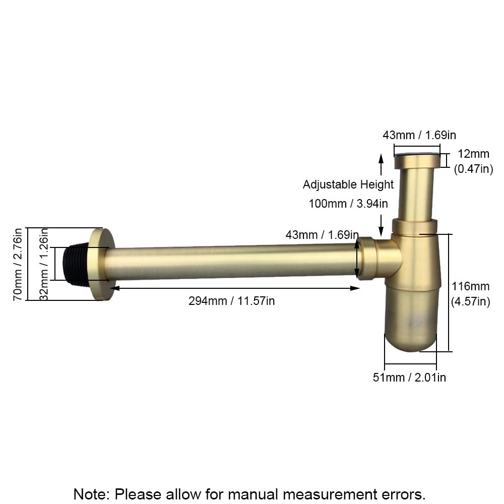 Siphon rond en forme de P, en acier inoxydable, pour lavabo de salle de bain, évier, bonde de vidange, kit de siphon P pour évier, or brossé