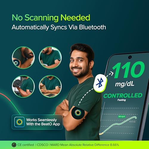 Image of BeatO CGM Glucose Monitor for diabetes | Bluetooth Connected CGM Sugar Test Machine for home | 15-Day Glucose Tracking | No-Scan, One-Push Application(Pack of 1)