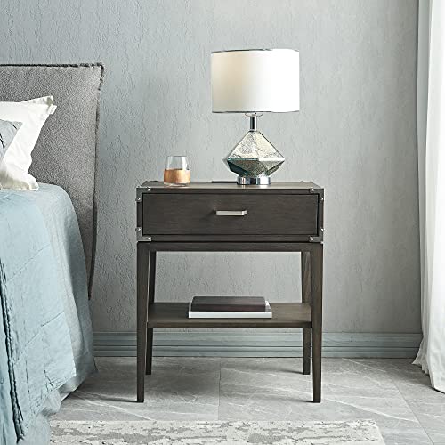 Image of Leick Home 24022 Beckett Nightstand Side Table One Drawer Rustic USB-C Fast Charging Station, A /C and USB Charging Port Integrated Durable Solid Wood Living Room, Bedroom, Office, Anthracite /Pewter