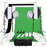 【Lieferumang】1x Hintergrundsystem, 4x Lampestative, 4x Hintergründe(2x Weiß,1x Schwarz,1x Grün), 2x 50x70cm Softbox, 2x T-LED-Glühbirne, 2x UFO-LED-Glühbirne, 2x E27 Lampenfassung , 2x 84cm Durchlichtschirm, 3x Klemmen und 1x Tragtasche