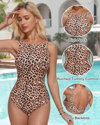 SUUKSESS Women Sexy One Piece Tummy Control Swimsuit Ruched High Neck Slimming Swimwear 2025 Low Back Bathing Suit(Leopard,Large)