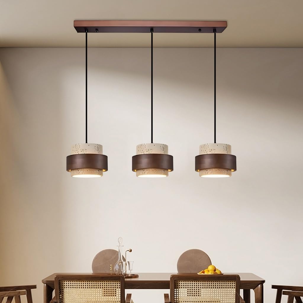 Lampadario da Soffitto in Pietra Naturale Cilindrica in Travertino nello Stile Wabi Sabi Moderno con Legno Massivo per Isole Cucina Regolabile Decorazione Domestica Corridoio Lampadario(D)