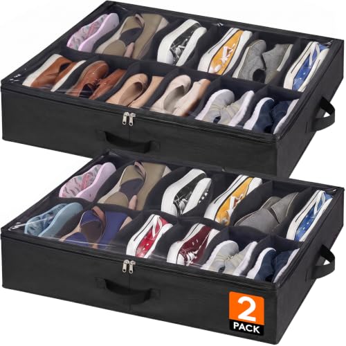 Lifewit Under Bed Shoe Storage Organizer 2 Pack(12 Shoes Cells), 4.3 Inches Profile Fabric...