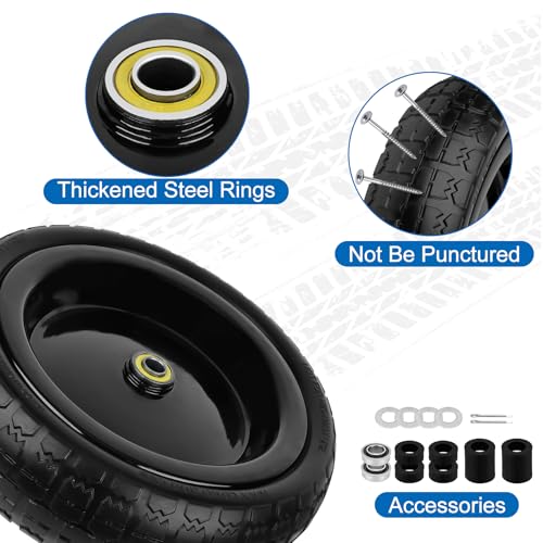 Image of 13 Inch Flat Free Wheels Tires 4.00-6 Solid Replacement with Universal 5 /8 inch Axle Bore Hole, 4 Spacers and 2 Pins, for Wheelbarrow, Garden Wagon, Hand Truck, Trolley, Lawn Mower, 1 Pack