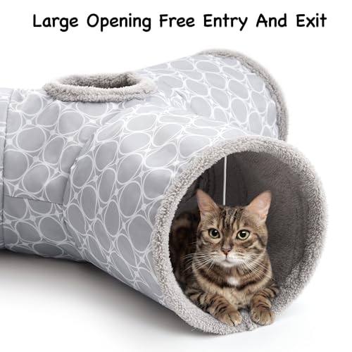 Image of Tempcore Cat Tunnel for Indoor Cats Fleece-Lined in for Warmth, 3 Way Collapsible Pet Play Tunnel with Teaser Wand, Peek Holes & Hanging Ball, Interactive Tube for Kittens & Rabbits, Geometry Grey