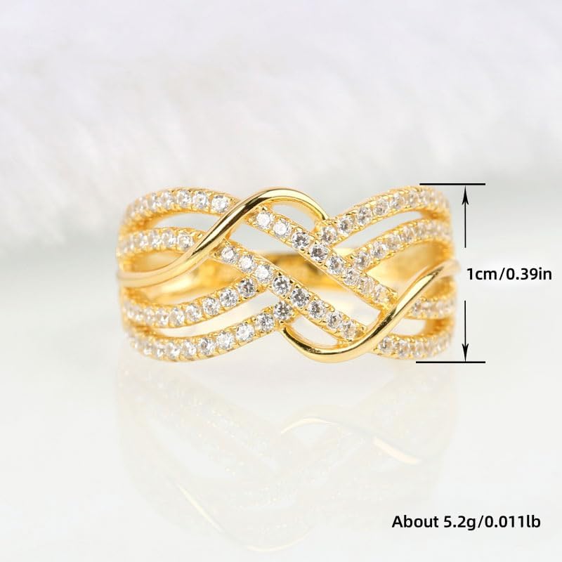 Cubic Zirconia Rings For Women, Gold Ring Copper Geometric Wave Shape Line Diamond Wedding Engagement Statement Stackable Jewelry Gift - Image 7