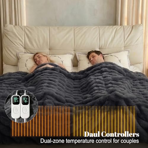 Image of IUUI Electric Heated Blanket Queen 84''x90'',Luxury Faux Rabbit Fur Heating Throw Blankets,Fast Heating with 1 /2 /4 /6 /8 /10 Hours,Overheat Protection, Quick Heating, Memory Function, Gift-Ready Design