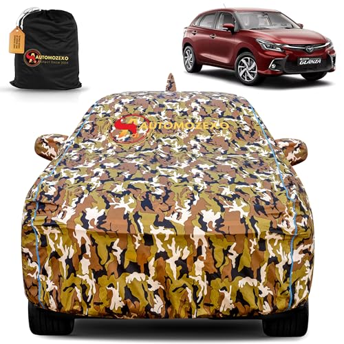 Image of Toyota Glanza 100% Waterproof Car Cover for All Weather Protection with Mirror & Antena Pocket Inner Cotton Triple Stitched Cover with Adjustable Belt Bottom Elastic to Secure Fit -Jungle