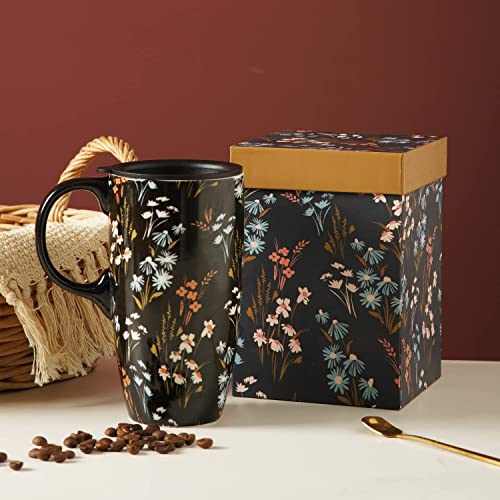 DUSVALLY 17oz Ceramic Travel Mug with Lid & Handle, Porcelain Coffee Cup with Gift Box, Dishwasher & Microwave Safe - Image 2