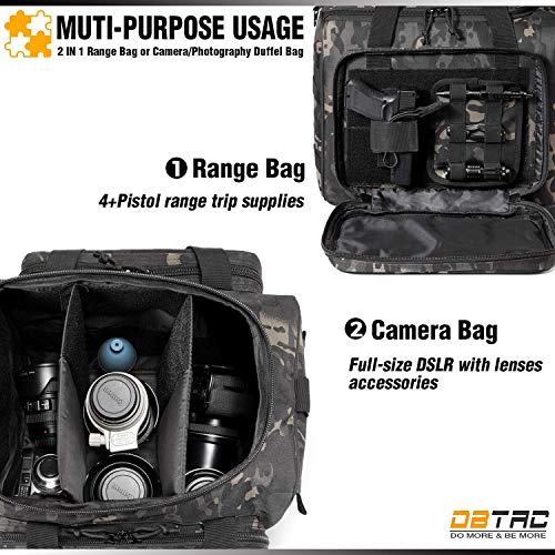 DBTAC Gun Range Bag Large | Tactical 4+ Pistol Shooting Range Duffle Bag for Handguns and Ammo with 2X Removable Hook & Loop Divider for DSLR | US Flag Patch + Universal Holster Included (Black Camo)