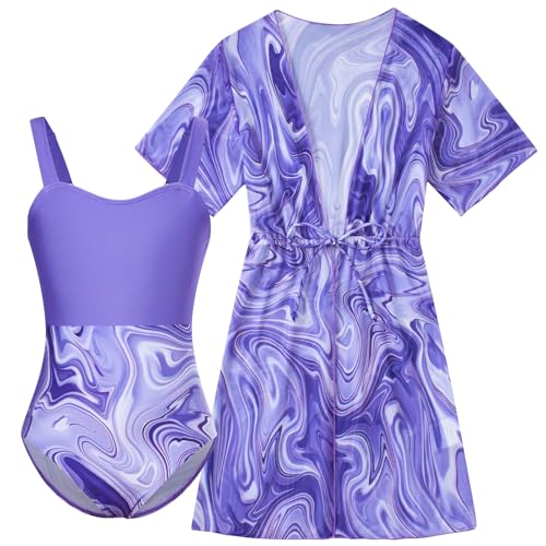 Image of Funnycokid Girls Bathing Suits One Piece Swimsuit with Cover Up Kids Swim Suit Size 8-16