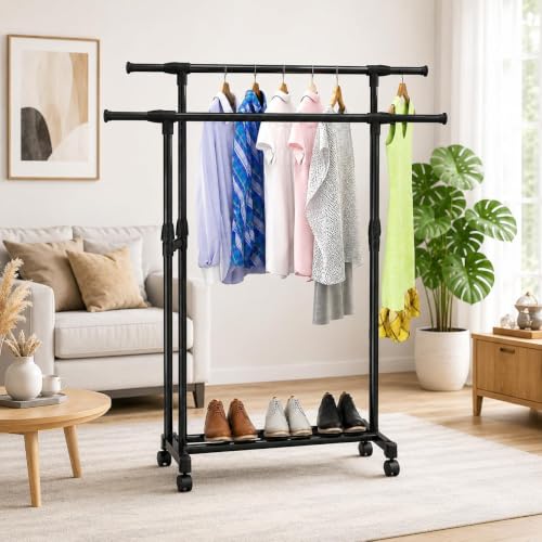 Image of WOOMZY Heavy Duty Cloth Drying Stand for Clothes - Foldable Clothes Drying Stand Metal with Wheels | Adjustable Dry Cloth Stand & Cloth Dryer Stand for Balcony, Home | Pole Rack Kapde Stand