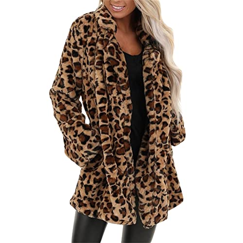 Women's Leopard Faux Fur Coat 2023 Fuzzy Warm Winter Oversized Outwear Long Cardigan Jacket With Pockets Overcoat #TOP1