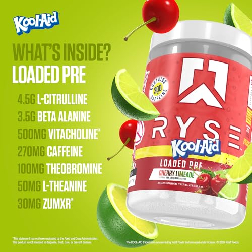 Image of RYSE Loaded Pre Workout Powder - Kool-Aid Cherry Limeade - Daily Pre-Workout for Men & Women with 300mg Caffeine, Beta Alanine, and Citrulline for Pump, Focus, and Energy - 30 Servings