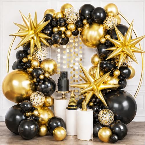 Image of PartyWoo Black and Gold Balloon Arch Kit Garland 140pcs Different Sizes of 18 12 10 5 Inch Black Metallic Gold Confetti 22 Inch Star Balloons for Graduation Birthday New Year's Eve Party Decorations