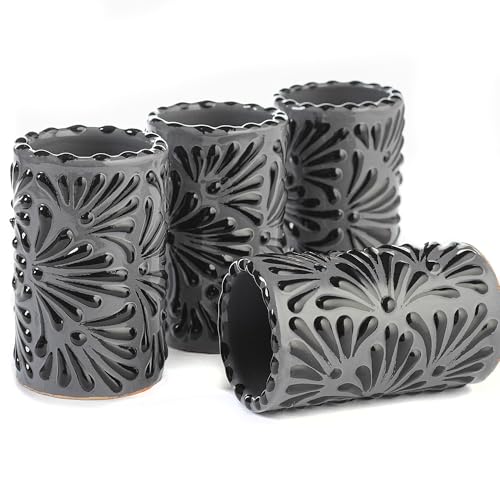 Image of Talavera Shot Glasses Set of 4 Authentic Mexican Tequila Shot Glasses - Hand-painted - 2 Oz (Black Brushstroke Gray Background)