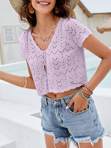 Image of Women's Crochet Shrug Knit Sweater, Short Sleeve Tie-Front Cropped Cardigan | Lightweight Open-Knit Bolero Tops, Cute Boho V-Neck, Styled Over Evening Dresses, Spring Summer Layering, Beach Cover-Up