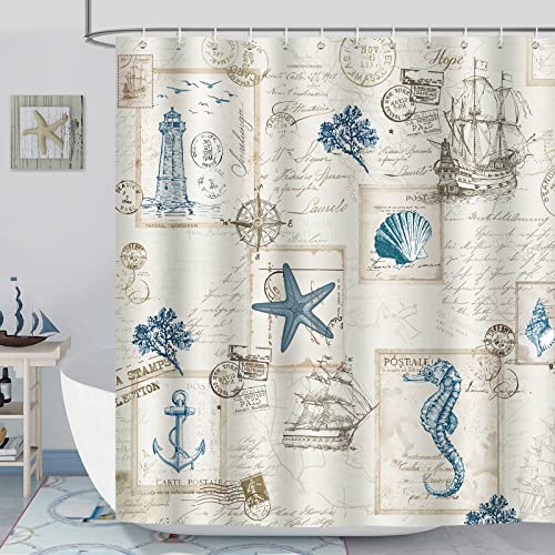 Bonhause Nautical Coastal Shower Curtain Vintage Sailboat Lighthouse Anchor Bathroom Curtain 180 x 200 cm Waterproof Mildew & Mould Resistant Polyester Fabric Bath Curtain with 12 Hooks - Image 2