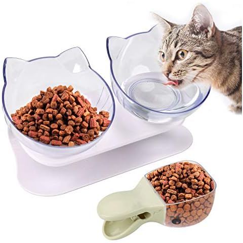 Legendog Double Cat Bowls, Anti Skid Tilting Neck Protective Cat Food Water Bowls, Cat Bowls with Stand, Pet Bowls with Food Scoop for Cats and Small Dogs Cover