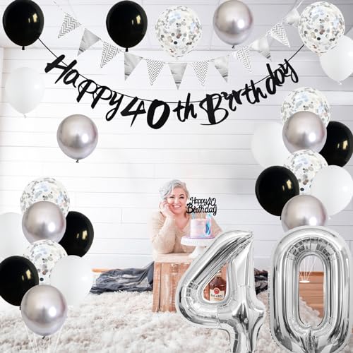 Image of 40th Birthday Decorations for Men, Black Silver 40th Birthday Balloons with Black Happy 40th Banner 40 Cake Topper Decor Number 40 Balloon for Women 40th Party Decoration