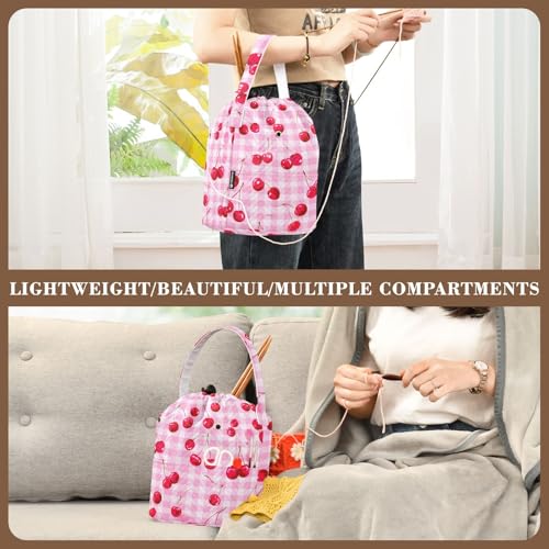 Image of ElliTarr Crochet Bag Yarn Bag with Handle Portable Knitting Project Bag Travel Yarn Storage Organizer Holder Case Pink Juicy Checkered Cherry