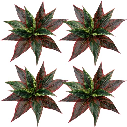 CATTREE Artificial Outdoor Plants, Fake Agave Shrubs Faux Grass Plastic Leaves Greenery Bushes Plant for Home Decor Garden Wedding Party Decorations Indoor Yard UV Resistant Planter Filler Red 4 Pack