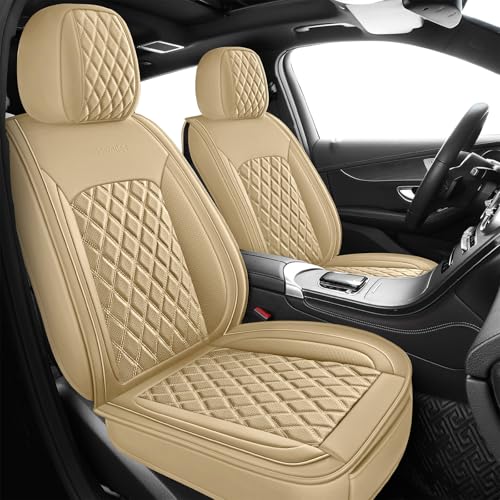crossmiles Car Leather Seat Cover，Protector Seat Waterproof Automotive Seat Covers Full Sets Super Breathable Universal Fit Cover for Most Car Fount and Back，（Beige-Diamond，5pcs）