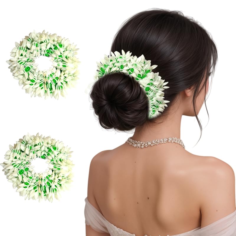 Image of Hair Flare Set of 2 Artificial Mogra Gajra Juda Bun Flowers for Hair | Reusable Floral Hair Accessory with Green Thread for Bridal, Festive & Traditional | Women & Girls Juda Decoration