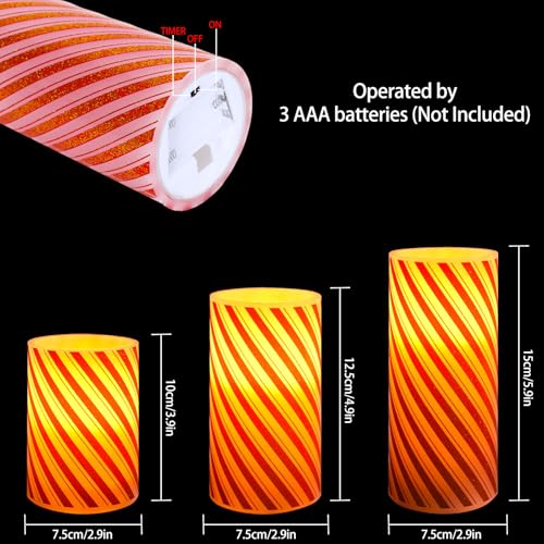 Image of Whaline Christmas LED Flameless Candles Red Glitter Stripe Warm Light Battery Operated Pillar Candles Xmas Candy Cane Stripe Electric Flickering Candles for Party Home Decor, Set of 3