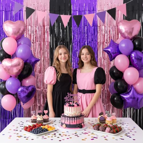 Image of TONIFUL 2Pcs Purple Pink Black Metallic Tinsel Foil Fringe Curtain Streamer | 3.3ftx6.6ft Photo Booth Backdrop Door Streamer for Halloween Mystery Themed Birthday Baby Shower Bachelorette Party Decor