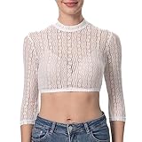 STYLE – Weißes Basic-Langarm-Unterhemd aus geblümtem Spitzen-Mesh mit mittelhohem Rundhalsausschnitt.