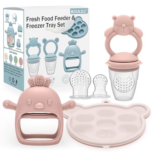 Image of MISSLILI Baby Silicone Fruit Food Feeder Pacifier & Breastmilk Popsicle Freezer Molds,BPA Free Baby Food Storage Containers Frozen Ice Tray for Baby Feeding Safely, Infant Fruit Teething Toy (Pink)