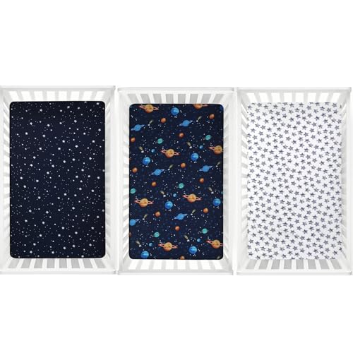 Image of PHF 3 Pack Soft Space Crib Sheets Fitted, Silky Comfy Breathable Baby Sheets for Boys Girls Neutral, 28x52 Inches Fits Standard Crib and Toddler Mattresses, Space