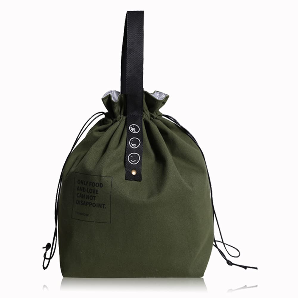 LELE LIFE Canvas Insulated Lunch Bag with Drawstring Closure, Wide-Open Foldable and Lightweight Lunch Tote Bag, Cooler Tote Bag for Work Office Picnic, Green