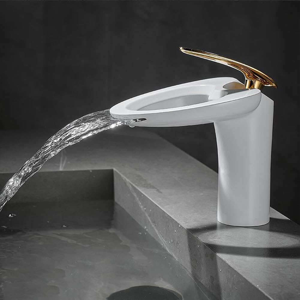 Wasserhahn Bad Wasserfall Waschtischarmatur Moderner Stil Messing Einhebel Mischbatterie Waschbecken Armatur, Badarmatur Waschtischbatterie Badezimmer, Weiß