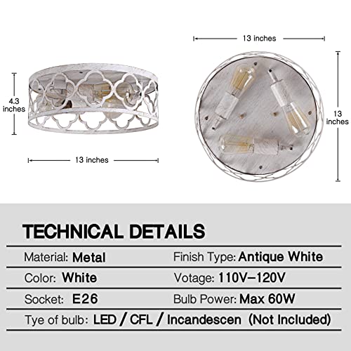 Bargeni 22CL1003US-YX Flush Mount Ceiling Light,13-Inch Ceiling Light Fixture,3-Light Kitchen Light Fixtures,Rustic Antique White Finish,Farmhouse Light Fixtures thumb #2