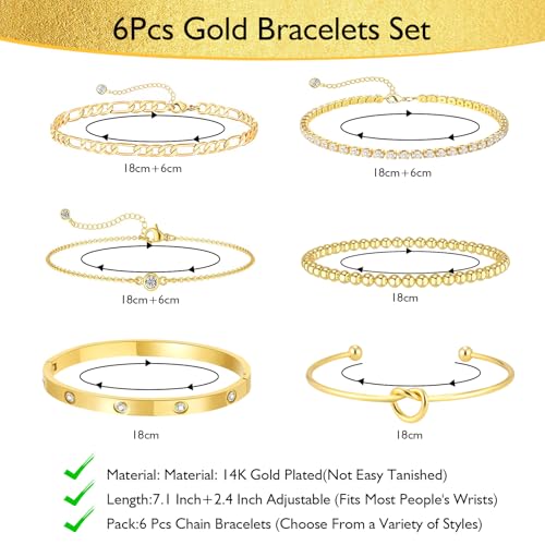 Kit 6 bracelets réglables anti-ternissement mailles Figaro et chevrons or