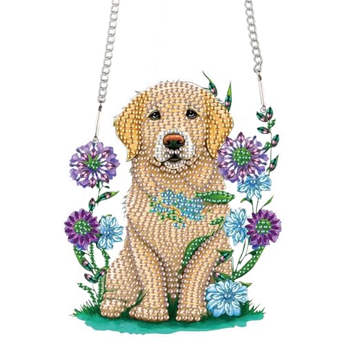 Image of AiYuanzsh Golden Retriever Dog Diamond Art Painting Hanging Pendant Kit Animal Special Shaped Diamond Dots Art Acrylic Ornaments Diamond Art Pendant for Adult Home Wall Window Decor Gift