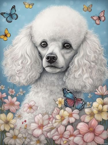 Peinture diamant caniche blanc 30x40 cm avec strass pour broderie au point de croix et mosaïque