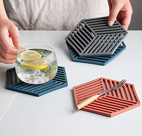 Naidev Silicone Trivet Mats and Hot Pads 6 PCs 6.33 5.5 in Hexagon Heat Resistant Multifuntion Kitchen Tool for Bowl Mats, Dish Mats, Place-mats, and Drink Coasters (Pack - 3 line Grey) 2