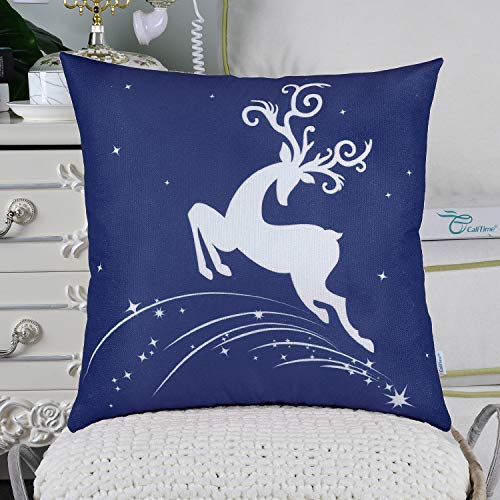 Calitime Pack Of 2 Soft Canvas Throw Pillow Covers Cases For Couch Sofa Home Decoration Christmas Holiday Reindeer Jump With Stars Print 18 X 18 Inches Navy Blue #TOP2