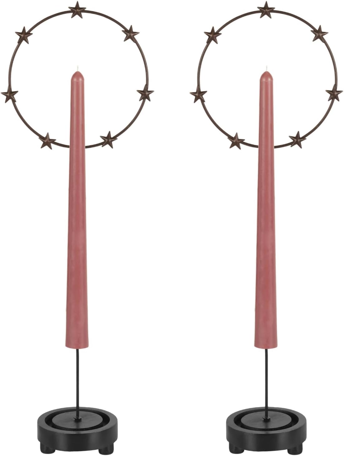 Starlight Candle Holder with Wood Base and Metal Halo – Handmade Modern Candlestick Holder for Taper or Pillar Candles – Vintage Art Deco Table Decor - 2 Pack