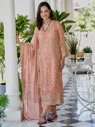 Image of INDO ERA Women's Organza Kurta and Pant with Dupatta Set