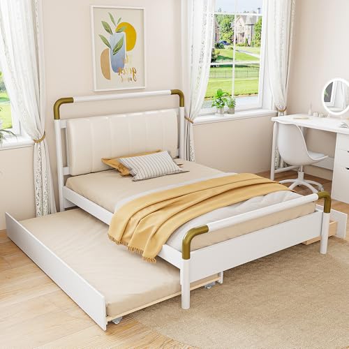 Ball & Cast Wooden Storage Platform Bed Queen Size,Bedframe with T-XL Trundle and 2 Big Drawers,Bedroom Furniture w/PU Leather Backrest & Slat Support,for Apartment,Living Room,White