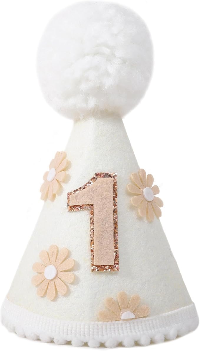 AOQURE Girl 1st Birthday Daisy Hat - Boho/Daisy Theme 1st Birthday Party Hat,Ideal For Birthday And Bohemian Parties, White Or Neutral Color,Daisy