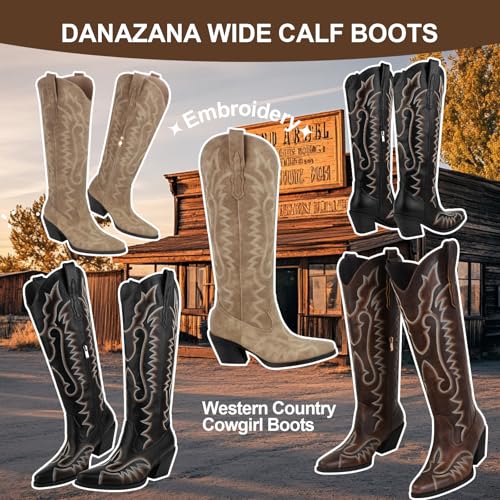 Image of Knee High Cowgirl Boots Women Wide Calf Rhinestones Cowboy Boots Lady Pointed Toe Chunky Heel Embroidered Sparkly Boot With Side Half Zip Country Sparkle Boot Size 6-11