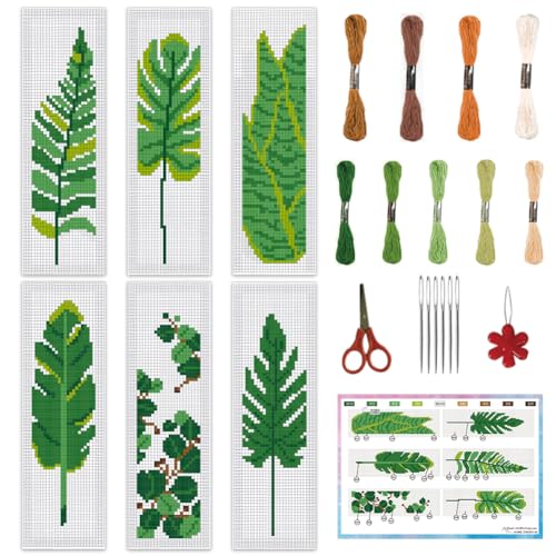 Image of INFUNLY 6PCS DIY Green Leaves Cross Stitch Bookmark Kits 7.9x2.4 Tropical Plant Stamped Embroidery Bookmarks Kit with Instruction Foliage Needlepoint Bookmark Kits for Book Lovers Readers Writers