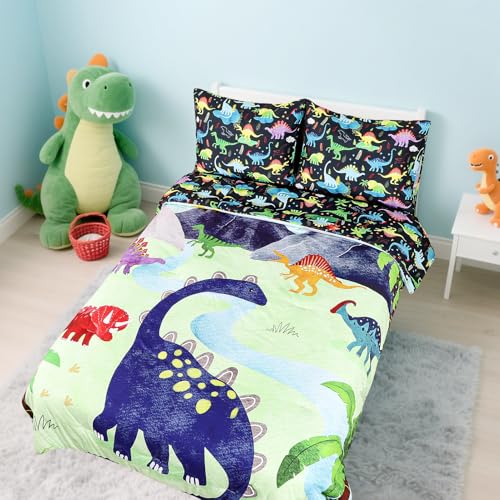 Image of Boys Twin Bedding Set, Dinosaur Twin Comforter Set for Boys Kids Bedding Set with 1 x Reversible Comforter, 1 x Fat Sheet, 1 x Fitted Sheet, 2 Pillowcases, Dinosaur