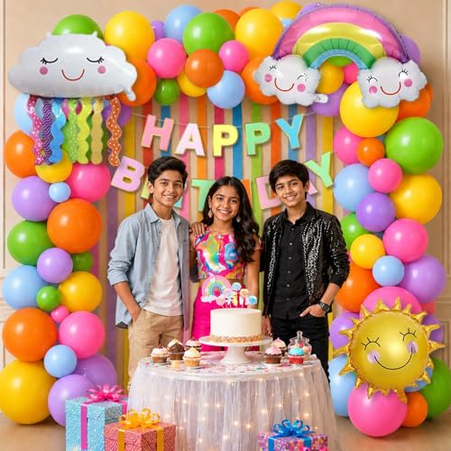 Image of Party Propz Rainbow Birthday Decoration Kit - 83 Pcs Birthday Decoration Items with Rainbow Cake Toppers, Foil Balloons, Balloons for Decoration, Crepe Paper and Jumbo Birthday Banner (Latex, Foil)